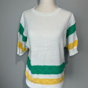 Striped White Sweater with Green and Yellow Accents